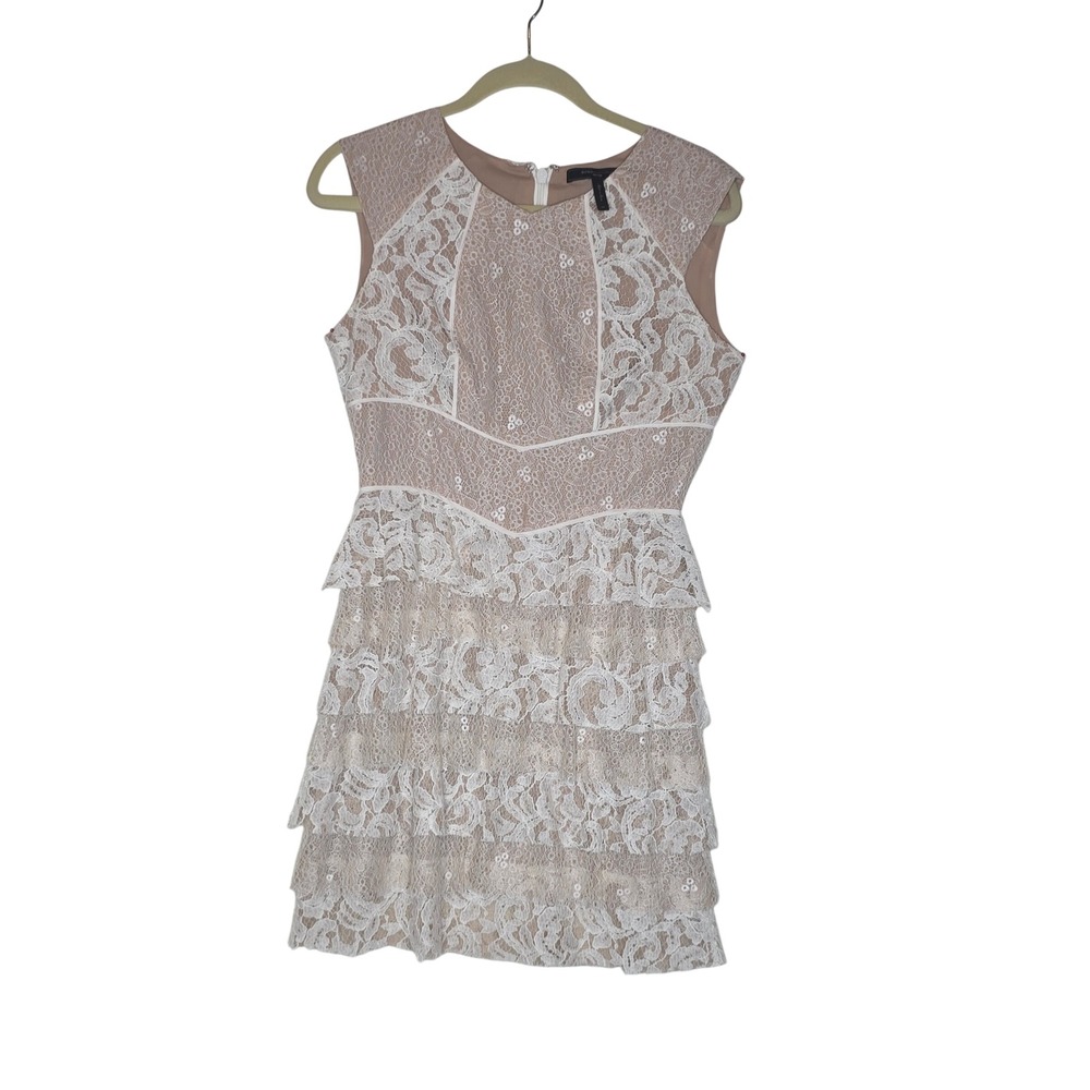 BCBGMAXAZRIA 8P Cream Blush Lace Sequin Tiered Ruffle Cocktail Dress Sexy Glam!